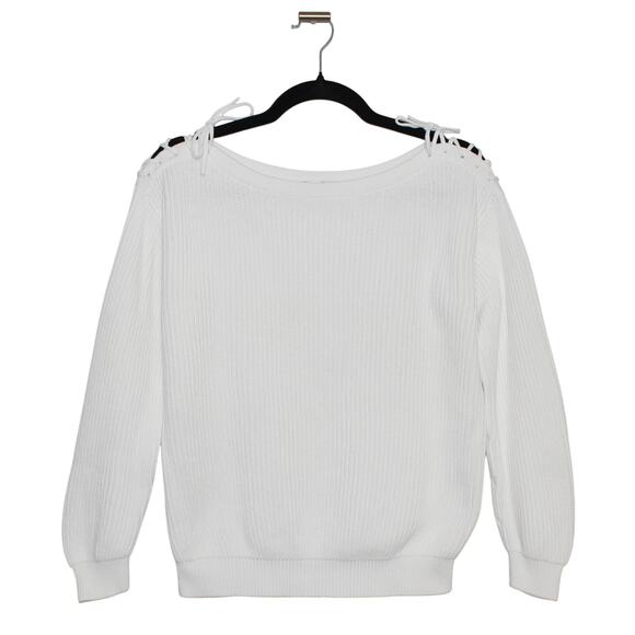 MaxMara 100% Cotton White Boatneck Knit Sweater Tie Detail Size Large - Picture 1 of 6